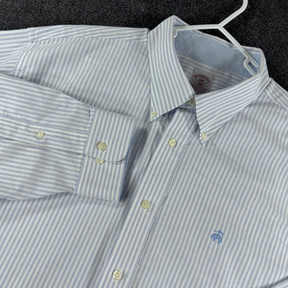 Brooks Brothers Button Down Mens XXL 2XL Blue Striped Non-Iron Stretch Shirt